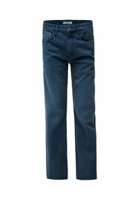Temno modri jeans z ravnim krojem, ki vključujejo zapiranje na gumb in zadrgo, pet žepov in subtilne šivanske detajle.