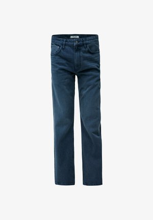 Dark blue denim jeans with a straight leg design, featuring a button and zipper closure, five-pocket styling, and subtle stitching details.