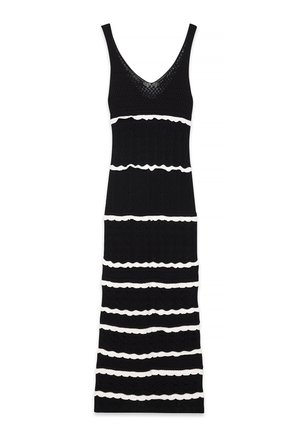 Robe en tricot noire avec un décolleté en V profond, ornée de rayures ondulées blanches, silhouette ajustée et design mi-long.