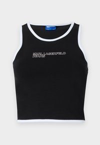 Fekete ujjatlan topp fehér díszítéssel, rajta a "KARL LAGERFELD JEANS" felirattal fehér színben. Sima anyagból készült, ujjatlan kivitel.