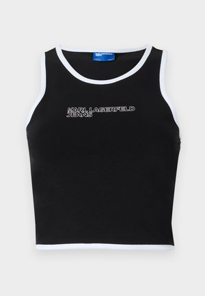 Juodas be rankovių tankas su baltu apvadu, ant kurio užrašyta "KARL LAGERFELD JEANS" baltais rašmenimis. Pagamintas iš lygaus audinio.