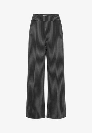 Schwarze weit geschnittene Hose mit weißen vertikalen Streifen. Weicher Stoff, elastischer Bund und keine sichtbaren Verschlüsse. Gerader Schnitt bis Knöchellänge.