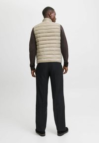 Beige gepolsterte Weste mit hohem Kragen, kombiniert mit einem dunkelbraunen Langarmoberteil und schwarzen Hosen. Robustes Material und minimalistisches Design.