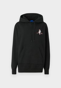 Black hooded sweatshirt with a front pocket. Features a colorful embroidered design on the chest. Made from soft, textured fabric.