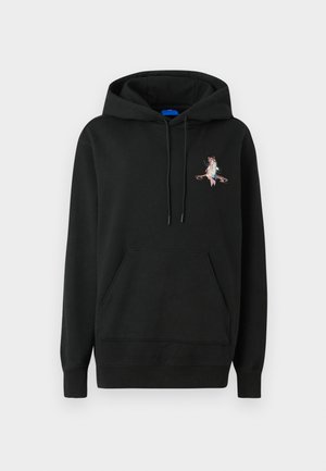 Black hooded sweatshirt with a front pocket. Features a colorful embroidered design on the chest. Made from soft, textured fabric.