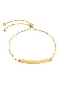 Bracciale d'oro con un centro bar a forma curva e liscia. Catena regolabile con estremità rotonde dotate di piccole gemme. Design elegante e minimalista.