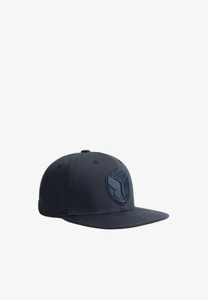 Dark blue cap with a structured design, flat brim, and embroidered emblem on the front featuring a stylized owl and shield.