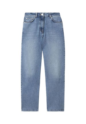 Lyseblå straight-leg jeans med høj talje, foran knap, lynlås og fem-lomme design på hvid baggrund.