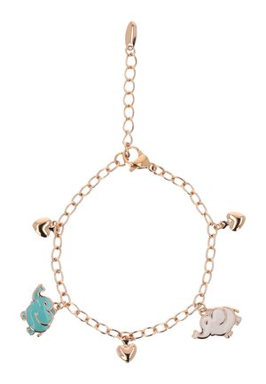 Bransoletka na łańcuszku w kolorze złotym z zawieszkami, w tym dwoma małymi sercami, białym słonikiem i turkusowym słonikiem.