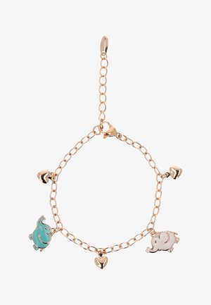 Bransoletka na łańcuszku w kolorze złotym z zawieszkami, w tym dwoma małymi sercami, białym słonikiem i turkusowym słonikiem.