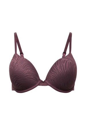 Purple padded bra with zebra-like textured pattern and adjustable shoulder straps on a white background.