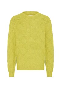 Strickpullover in leuchtendem Limettengrün mit Rautenmuster, Rundhalsausschnitt und gerippten Säumen. Strukturstoff mit gleichmäßigem Gewebe.