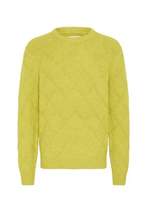 Strickpullover in leuchtendem Limettengrün mit Rautenmuster, Rundhalsausschnitt und gerippten Säumen. Strukturstoff mit gleichmäßigem Gewebe.