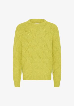 Strickpullover in leuchtendem Limettengrün mit Rautenmuster, Rundhalsausschnitt und gerippten Säumen. Strukturstoff mit gleichmäßigem Gewebe.