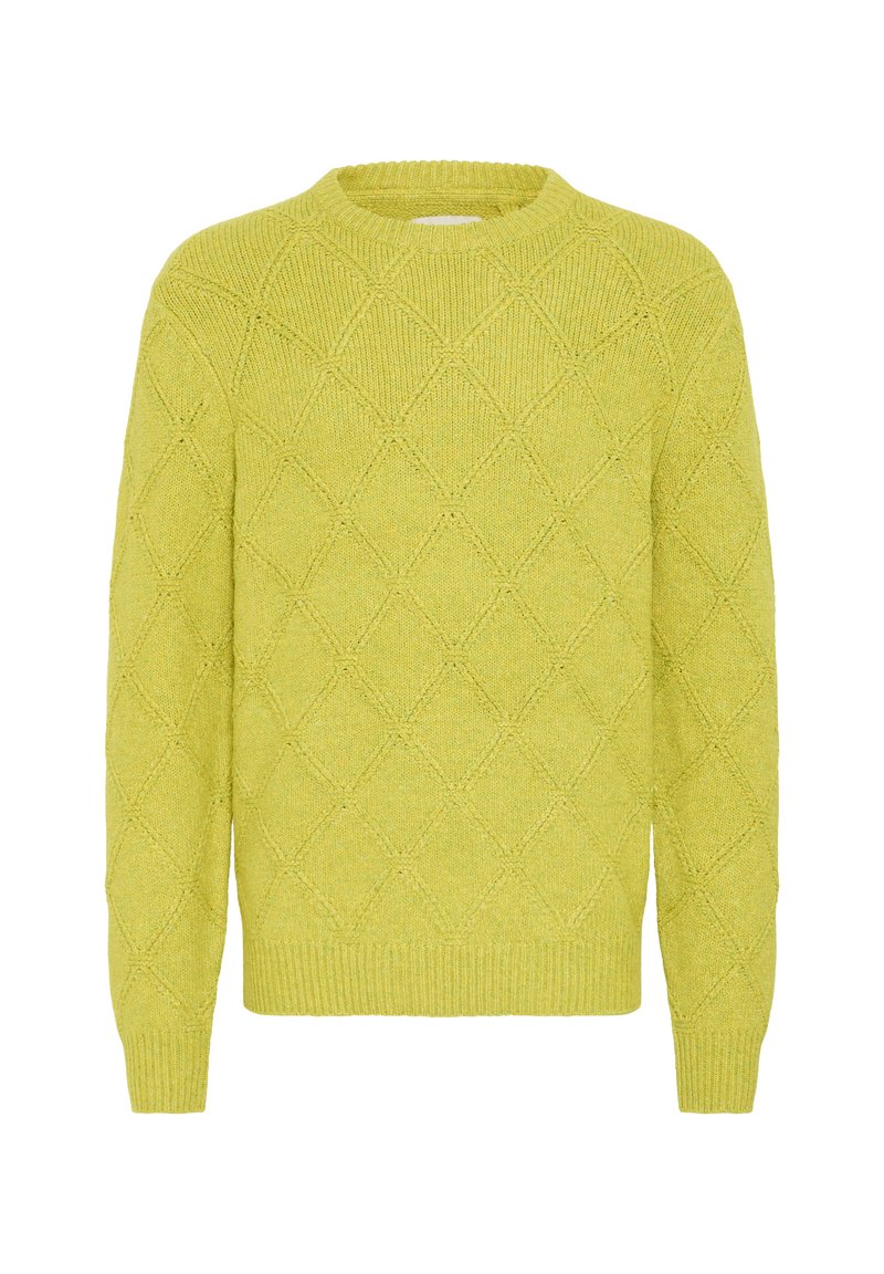 Strickpullover in leuchtendem Limettengrün mit Rautenmuster, Rundhalsausschnitt und gerippten Säumen. Strukturstoff mit gleichmäßigem Gewebe.