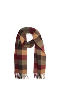 Wollen geruite sjaal met een kleurenpalet van bordeauxrood, groen, beige en bruin. Inclusief franjes en een rechthoekige vorm.