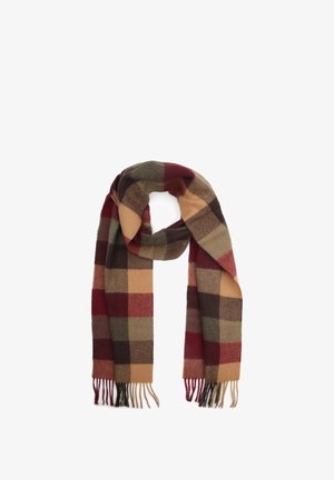 Woolen plaid scarf featuring a color palette of burgundy, green, beige, and brown. Includes fringed edges and a rectangular shape.