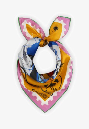 Silk scarf with a square shape, vibrant colors including pink, blue, and yellow. Features a playful print and a green border.