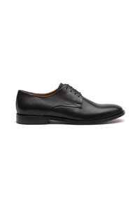 Scarpa da uomo in pelle nera, con punta rotonda, design minimalista, cuciture fine e chiusura con lacci a quattro fori. Texture liscia e tacco basso.