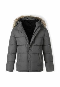 Giacca imbottita grigia con cappuccio foderato in pelliccia, dotata di chiusura con zip e bottoni, tasche laterali e texture trapuntata.