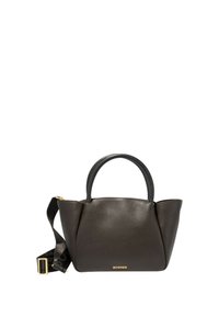 Borsa a mano in pelle marrone con forma strutturata, doppio manico superiore e tracolla removibile. Presenta un logo dorato sul davanti.