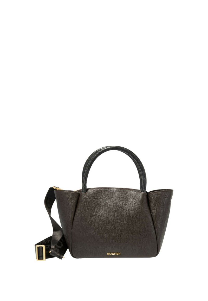 Borsa a mano in pelle marrone con forma strutturata, doppio manico superiore e tracolla removibile. Presenta un logo dorato sul davanti.