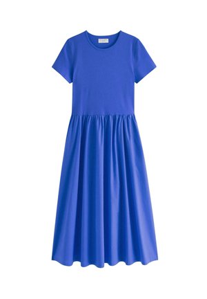 Sininen lyhythihainen keskipitkä mekko pyöreällä pääntiellä ja kerätystä vyötäröstä, valmistettu sileästä, kevyestä kankaasta.