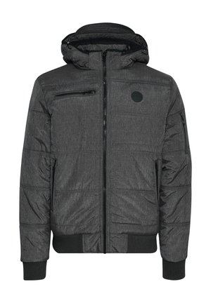 Gepolsterte Jacke in Dunkelgrau mit einem Reißverschluss vorne, Kapuze, Seitentaschen und einer Brusttasche mit Reißverschluss. Texturiertes Gewebe mit einem subtilen Muster.