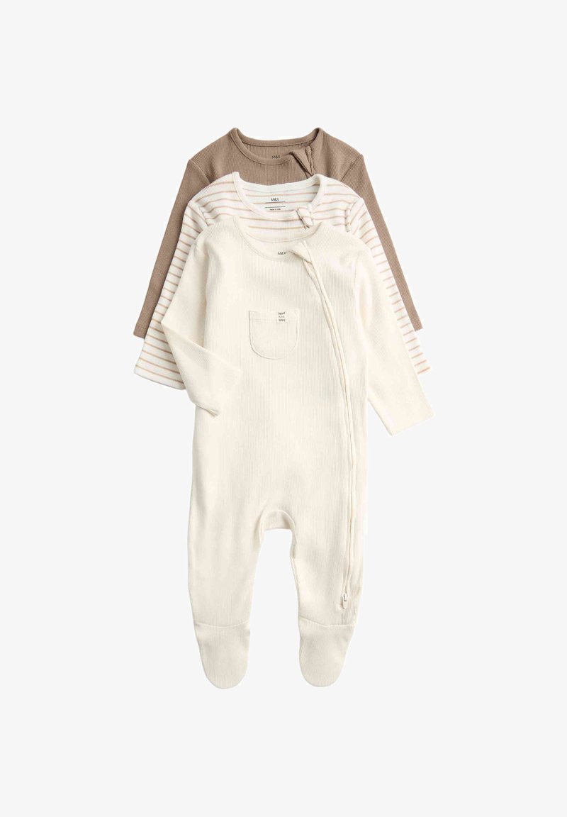 Drei langärmelige Babystrampler in Creme, Creme mit braunen Streifen und einfarbig braun, jeweils mit einem Reißverschluss an der Seite und Füßchen.