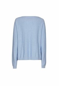 Hellblaues Langarmpullover mit gerippten Bündchen und Saum, von hinten vor einem weißen Hintergrund präsentiert.