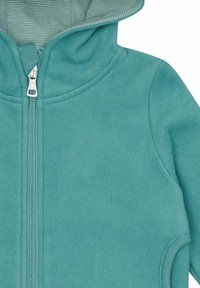 Turquoise zip-up hoodie met een zachte textuur en gestreepte binnenvoering. Heeft een hoge kraag en insteekzakken aan de zijkanten.
