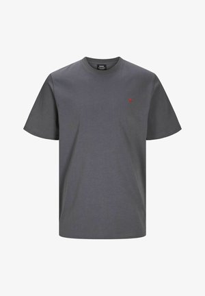 Rövid ujjú, kerek nyakú póló sötétszürke pamutból, kicsi piros logóval a mellkasán. Sima textúra, laza fazon.