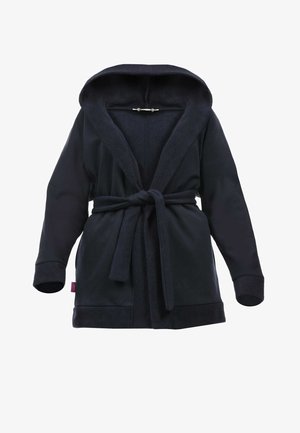 Navyblauwe badjas van zachte fleece, met een capuchon, lange mouwen, een tailleband en een gestructureerde binnenkant met contrasterende manchetten.