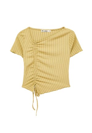 Light brown ribbed short-sleeve top with asymmetrical neckline and front side ruched drawstring detail.