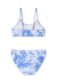 Modrý tie-dye bikiny set s braletovým topem s nastavitelnými ramínky a odpovídajícími vysokými kalhotkami. Měkká, elastická tkanina.