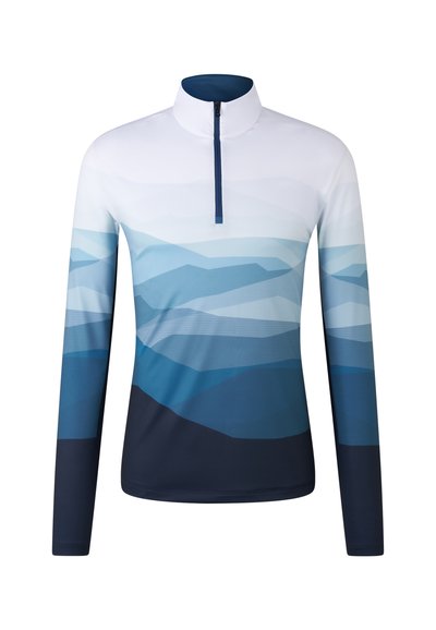 Haut de sport à manches longues avec une fermeture éclair au quart, fabriqué en tissu lisse et léger. Tons de bleu dégradés avec des motifs de vagues géométriques et des accents foncés.