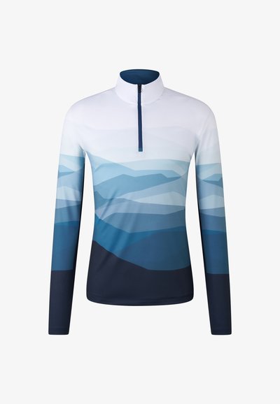 Haut de sport à manches longues avec une fermeture éclair au quart, fabriqué en tissu lisse et léger. Tons de bleu dégradés avec des motifs de vagues géométriques et des accents foncés.