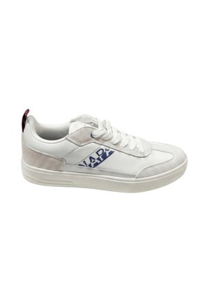 White low-top sneaker with lace-up front, beige suede accents, a dark blue logo on the side, and a maroon heel pull tab.