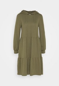 Olijfgroene hoodie-jurk met lange mouwen, gelaagde rok en koordsluiting. Zachte, gestructureerde stof met een ontspannen pasvorm.