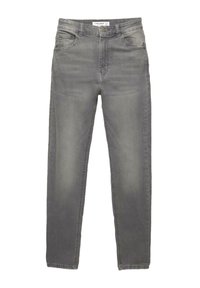 Jeans gris slim fit pour homme avec cinq poches, bouton en métal et fermeture éclair, présentés à plat sur un fond blanc.