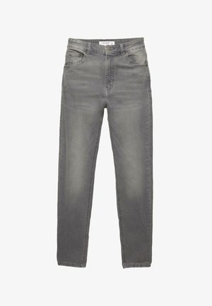 Jeans grigi essenziali slim-fit da uomo con cinque tasche, bottone metallico e chiusura con zip, esposti piatti su uno sfondo bianco.