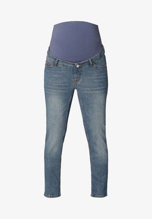 Blue maternity jeans with adjustable stretchy waistband for belly support, slim fit with faded wash on front thighs.
