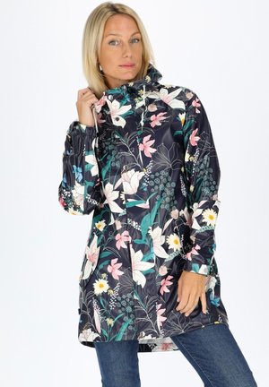 Floral rain jacket with a navy background, featuring pink, white, and yellow flowers. Long sleeves with elastic cuffs and a hood.