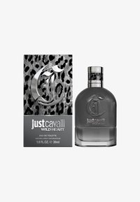 Gray bottle of Just Cavalli Wild Heart perfume next to its patterned box, featuring a silver logo and text detailing the product.