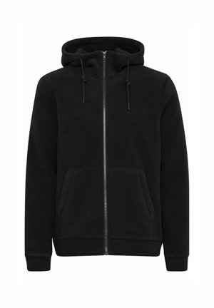 Schwarzer Fleece-Hoodie mit einem Reißverschluss vorne, Kordelzugkapuze und Kängurutaschen. Weicher Stoff, lange Ärmel und gerippte Bündchen sowie Saum.