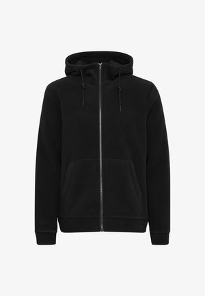 Black fleece hoodie with a zip front, drawstring hood, and kangaroo pockets. Soft texture, long sleeves, and ribbed cuffs and hem.