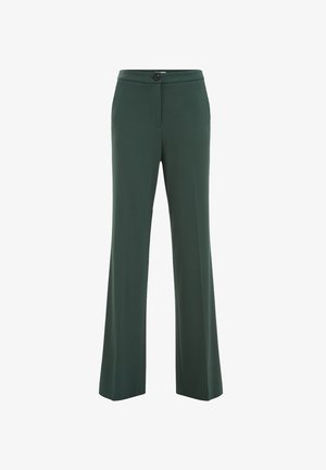 Tamsiai žali, platėjančios kelnės iš lygaus audinio, su priekine sagų uždarymo dalimi ir kišenėmis, pasižyminčiomis švariais linijomis ir pritaikytu prigludimu.