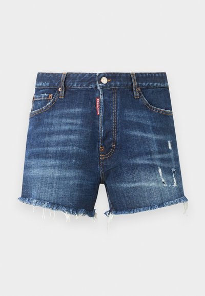 Σκούρα μπλε τζιν σορτς με ξεφτισμένα τελειώματα, φθαρμένες λεπτομέρειες στο δεξί πόδι, εμπρόσθιο κουμπί, φερμουάρ και πέντε τσέπες.
