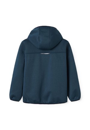 Marineblauwe hooded jas met een gladde textuur, lange mouwen en een reflecterende strip op de rug. Zachte stof en slim fit ontwerp.