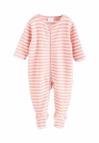 Pyjamas rayés roses avec fermeture éclair à l'avant, manches longues, design pied-de-poule et tissu doux et pelucheux pour le confort.